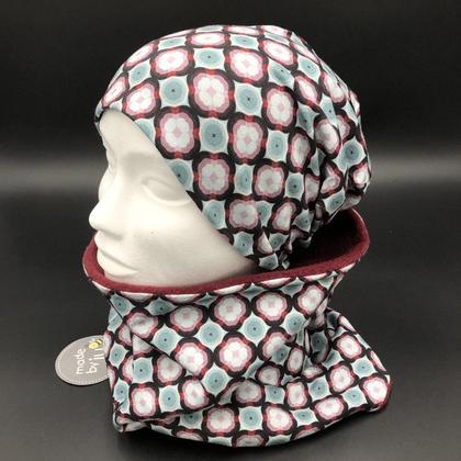 DAMEN- SET (WENDEHAUBE+XXL-LOOPSCHAL) "Muster grau/dunkelmint/weinrot/zartpink"