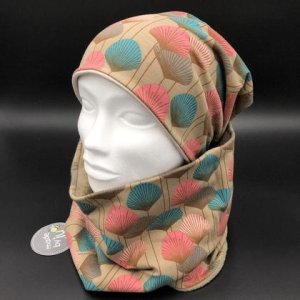 DAMEN- SET (WENDEHAUBE+XXL-LOOPSCHAL) „Fantasieblumen beige/pink/petrol“