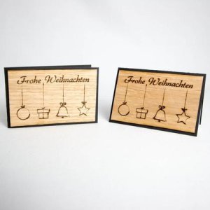 Kleine Holz-Weihnachtskarte „Frohe Weihnachten & Weihnachtssymbole“