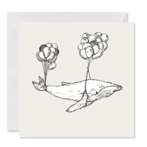 GRUSSKARTE weiß *Wilfried, der fliegende Wal* , 14 x 14 cm